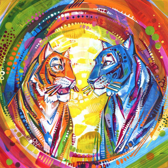 painting of an orange tiger and a blue one talking with each other