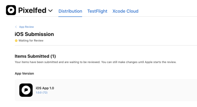 iOS Submission
Waiting for Review
Items Submitted (1)
Your items have been submitted and are waiting to be reviewed. You can still make changes until Apple starts the review.