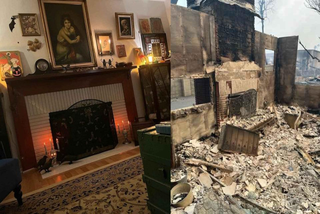 before and after pictures of a living room inside of a house

on the left: a fireplace, a nice rug, pictures on the wall, nice lighting

on the right: everything has been destroyed by fire. You can only tell it's the same place due to the fireplace