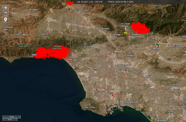 Wildfire map of LA area from the NASA FIRMS System.
Areas with active fires are shaded in red.