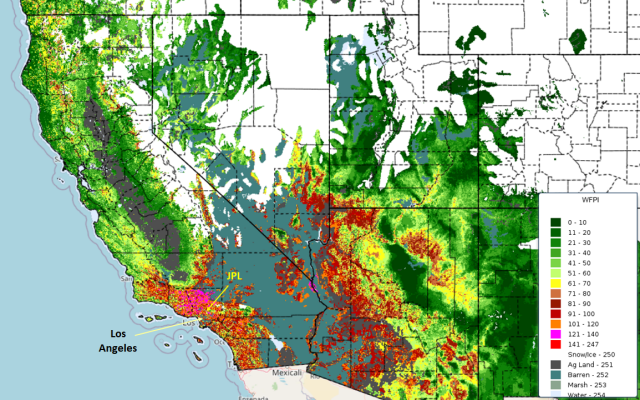 Map with color coded values for the WFPI. Reddish colors indicate higher values.