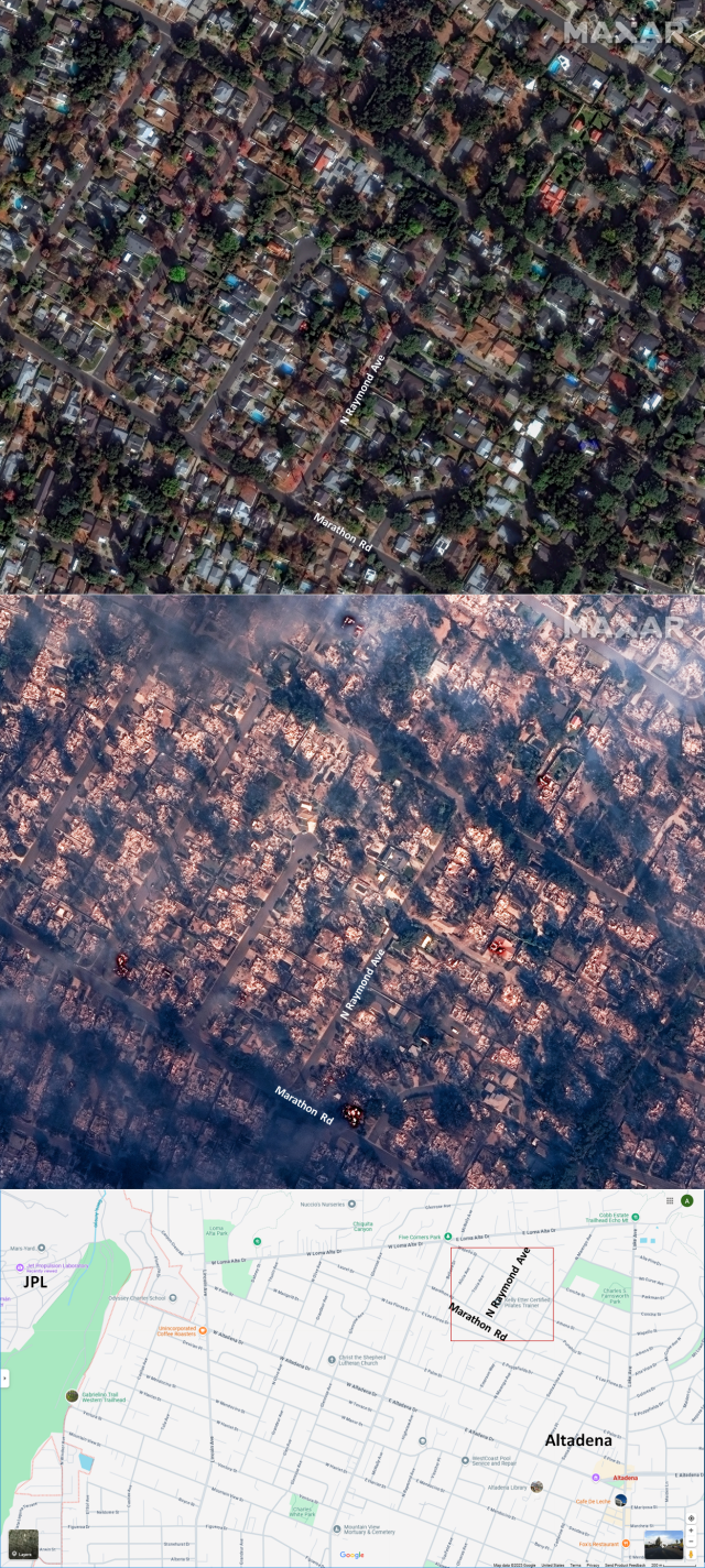 Before-and-after satellite image from Maxar Technologies of a few blocks in Altaneda in visible light.

All houses in the after image are burnt.

Street map from https://www.google.com/maps/place/Altadena,+CA/@34.1955807,-118.1493964,15.75z/data=!4m6!3m5!1s0x80c2c2bb40ed4545:0x8b5033b8b93a7d85!8m2!3d34.190162!4d-118.1313188!16zL20vMHFfeDU?entry=ttu&g_ep=EgoyMDI1MDEwNi4xIKXMDSoASAFQAw%3D%3D