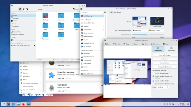 Screenshot of the KDE Plasma desktop environment showing various apps like Dolphin, Discover, System Settings, and Spectacle.