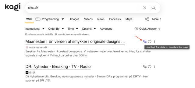 Kagi search results for "site:.dk" showing two of the top results. A tooltip highlights the Kagi Translate feature.