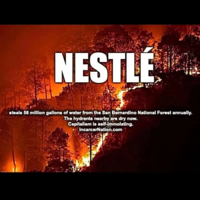 NESTLÉ

steals 58 million gallons of water from the San Bernardino National Forest annually.

The hydrants nearby are dry now.

Capitalism is self-immolating.