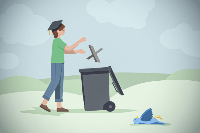 Illustration of a person who puts an X-log in a garbage bin