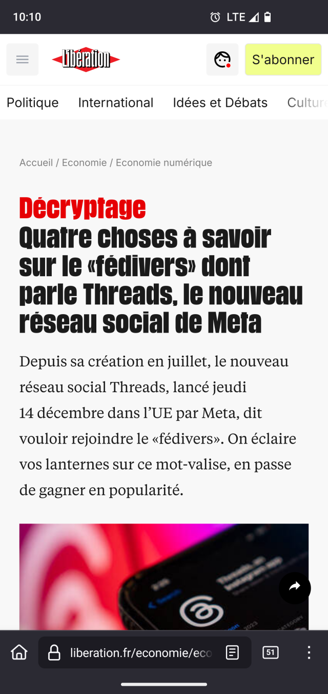 Article de Libération qui parle de la volonté de Threads de rejoindre le fediverse.