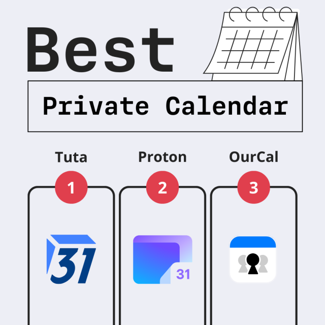 Best private calendar comparison. Logos of Tuta, Proton and OurCal