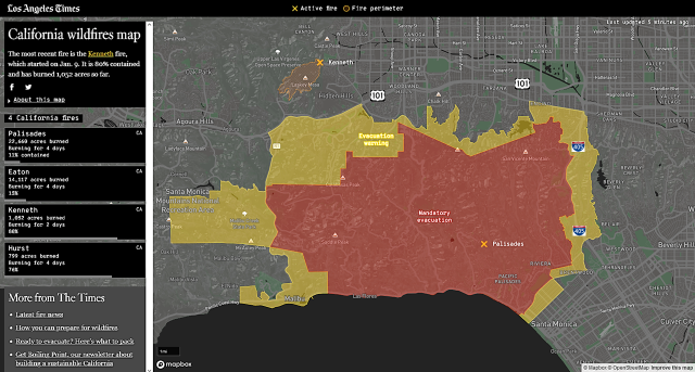 Map of evacuation zones around the Palisades wildfire.
red is mandatory
yellow is warning