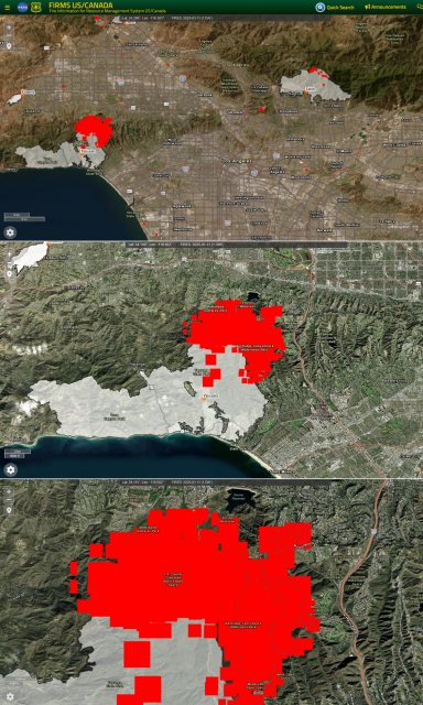 Satellite wildfire map of LA area.
Note that the red shaded area shows areas with wildfires but does not indicate the intensity of the fire or the extent of the damage