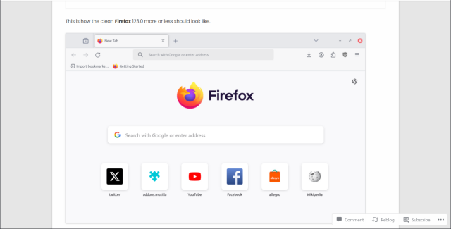 Screenshot of a clean Firefox 123.0 browser window is shown.  The top displays the standard browser controls and a search bar with "Search with Google or enter address" as a placeholder. Below is the Firefox logo, then another search bar with the same placeholder text, followed by a row of icons and text labels for Twitter, Mozilla Add-ons, YouTube, Facebook, Allegro, and Wikipedia