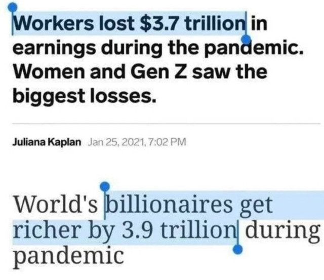 Two headlines from online newspapers saying: "Workers lost $3.7 trillion in earnings during the pandemic.
Women and Gen Z saw the biggest losses.

World's billionaires get richer by 3.9 trillion during pandemic