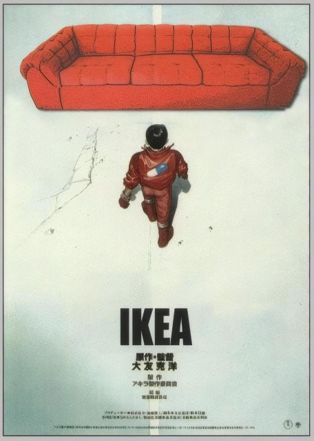 Wink to the well-known Akira anime poster, showing the Kaneda character walking towards a red couch instead of his red motorcycle, while the poster title has been changed to "IKEA."