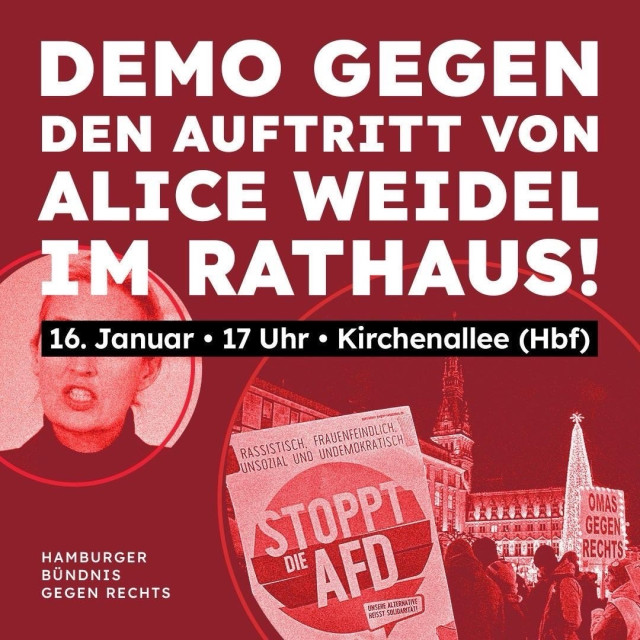 Demo gegen Den Auftritt von Alice Weidel im Rathaus!
16. Januar, 17 Uhr, Treffen Krichenallee (Hbf)