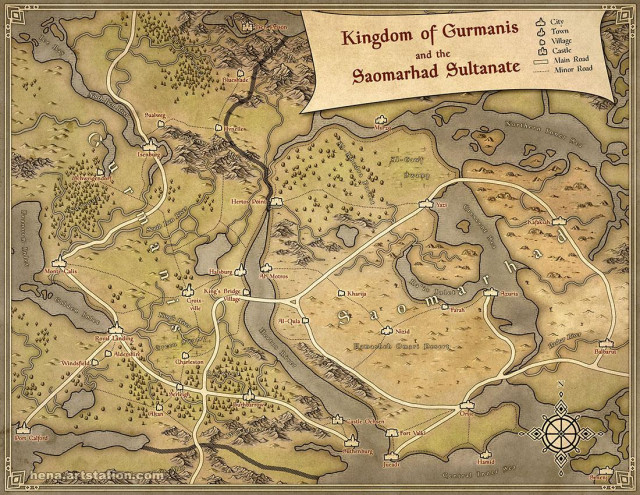 Old-style fantasy map illustration of a fictional world in black and white line art with a parchment-like background and subtle color.