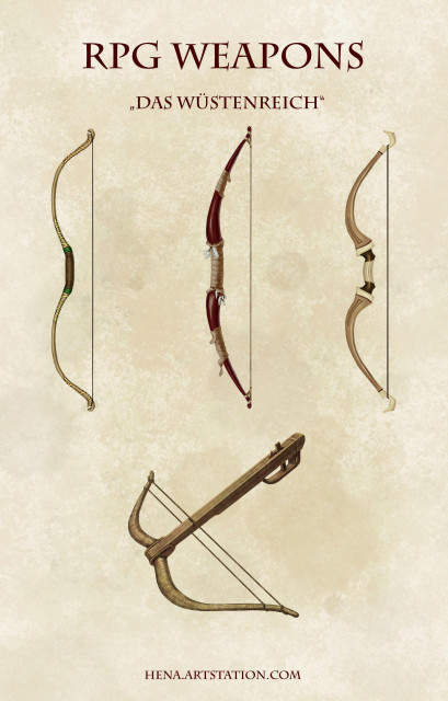 A collection of weapon illustrations (three different types of bows and a crossbow)