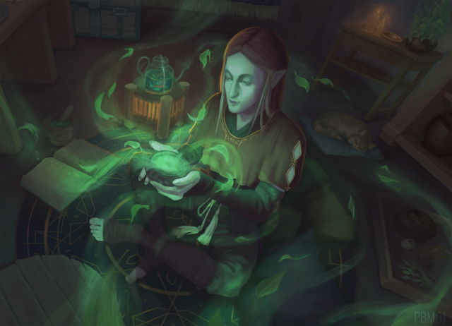 digital painting of an elf holding a magically glowing cup, leaves floating around