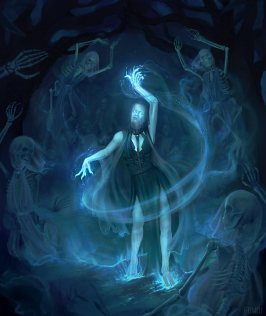 digital painting of a necromancer summoning skeletons with a dance-like ritual