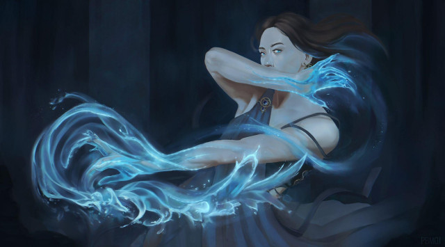 digital painting, a mage wielding water magic