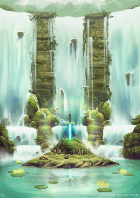 Painting of the bottom of a grand waterfall in daylight. A small island with a large rock settled on it emerges above the water; the legendary Mana Sword is embedded in the rock, glowing softly with a magical blue light. (Inspired by Secret of Mana)