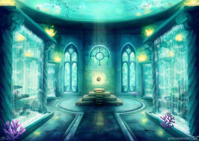 Painting of an underwater themed temple, heavy on blues and sea-greens. Water curtains line the sides, supported by aged, twisted stone columns. Stained glass windows flank the focal point in the center; a pedestal with the magical Mana Seed floating above it. (Inspired by Secret of Mana)