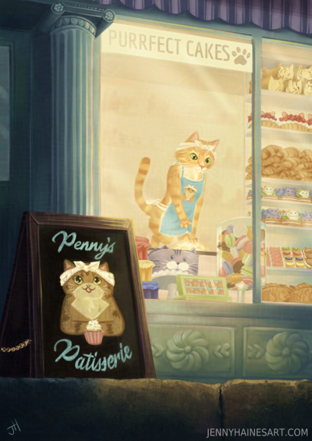 A low-angle view of a storefront from outside, with a sandwich board that says "Penny's Patisserie". An orange tabby cat, wearing a headband and apron, kneads dough in a warmly lit bakery window. The window is stacked with all sorts of cat-themed bakery items.