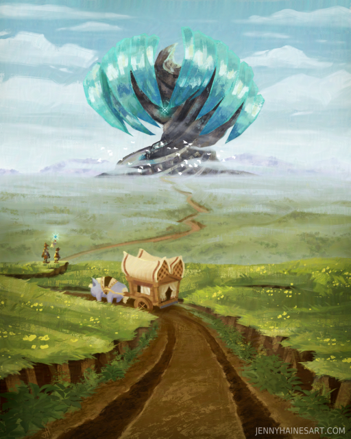 A small caravan on a long journey along a well-trodden dirt road towards a massive crystalline tree in the distance (inspired by Final Fantasy: Crystal Chronicles)