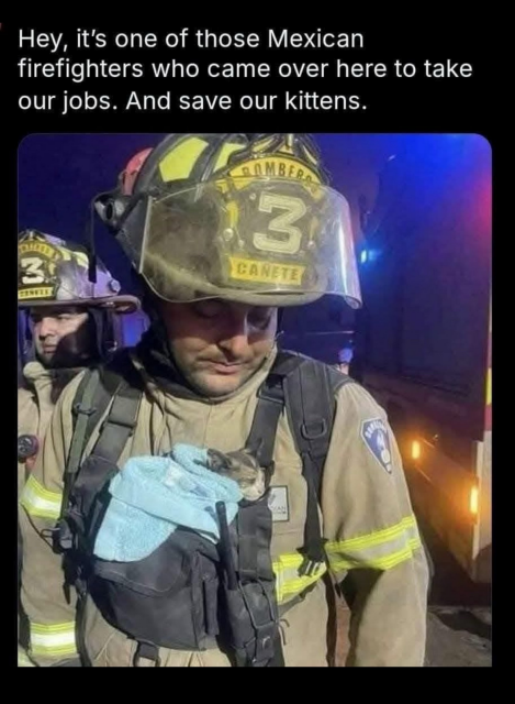 A Mexican firefighter, full B Suit and helmet. A tiny kitten wrapped in a blanket under his harness. 
"Hey, it's one of those Mexican Firefighters who came over here to take our jobs.. and save our kittens."