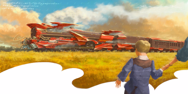 Digital painting of a Dragontrain speeding across yellow field.