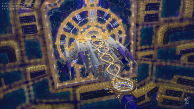 Digital concept art painting of a clock tower racing track for a fan-project.