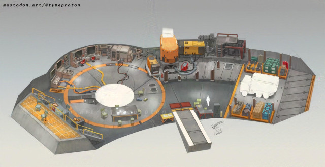 Digital painting - cutaway interior view of a sci-fi meteor observation station.