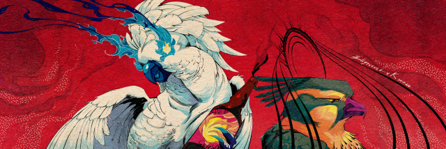 Birb banner art featuring Crater and Phaelon in Bird form. Crater is a fluffy white Umbrella Cockatoo while Phaelon is a mix between an (Northern ubspecies) Aplomado Falcon and an Ornamental Hawk Eagle. Art and characters by Ellyrieve LVK