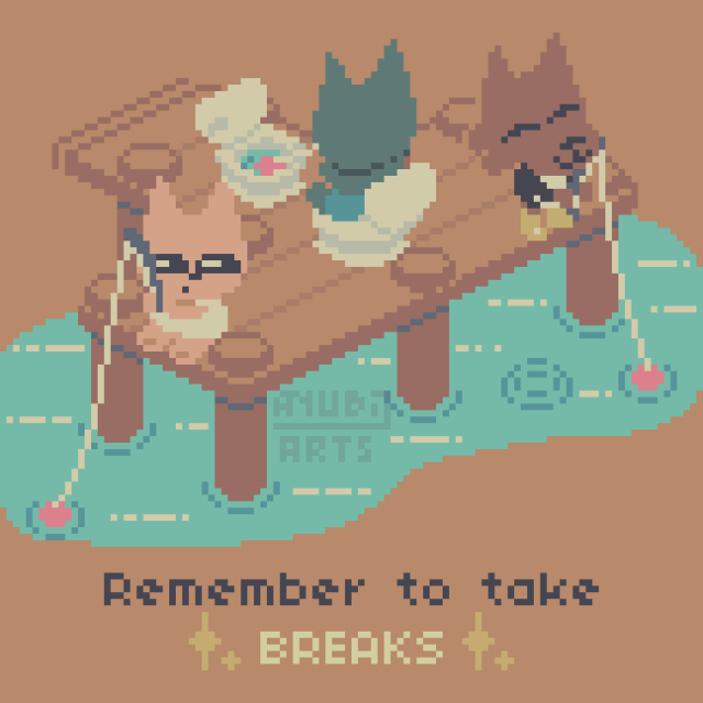 A Webfishing fanart, featuring some of the characters fishing on the port, with one of them staring confused at someone else sitting on a toilet, fishing on another toilet. The quote "Remember to take BREAKS" can be read below.