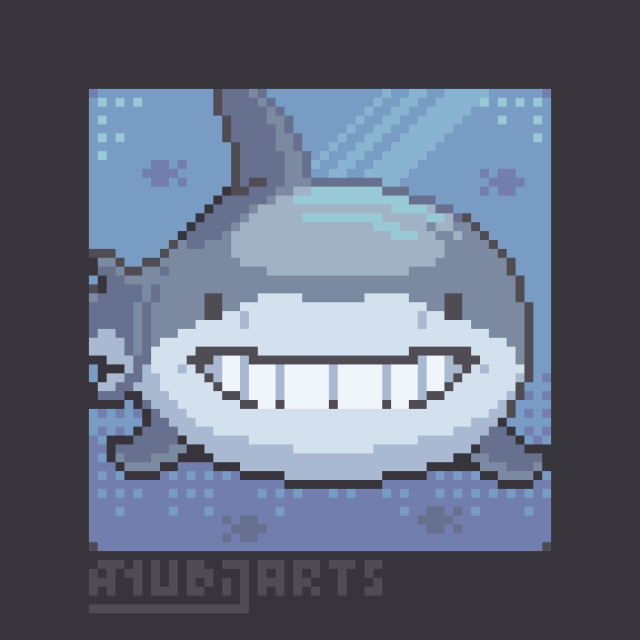 A Pixel Art Redraw, featuring a shark staring directly at the viewer, smiling with human teeth. You can trust them.