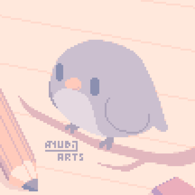 A Pixel Art featuring a very round bird, hanging on in a tree branch. There's some paper lines in the background, along with a pencil and an eraser being somewhat visible. Are you telling me the bird isn't real?