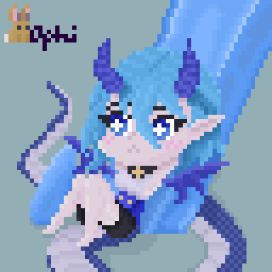 Chibified pixel art redraw of Harnessed Glass from Schadowverse. A light blue-haired girl with horns, small wings, and a long dragon tail is leaning on an ice crystal. Her shining blue eyes white crosses as pupils are staring blankly into the distance.  She crosses her arms behind her head and pulls her knees in. She wears black shorts and a blue-white top.