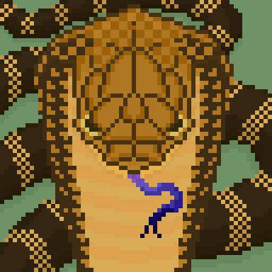 Ophiophagus Hannah (king cobra) pixel art. The snake stands up with their brown hood expanded and the purple-blue tongue out. The head of the snake is orange-brown, and the scales are visible. In the background, the long brown body with yellow-orange stripes of the king cobra is visible.