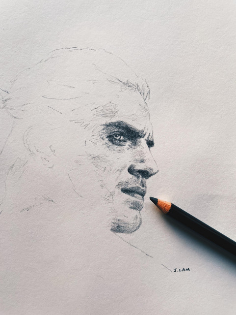 2021 pencil on paper sketch by Chicago artist Jenny Lam of Henry Cavill in The Witcher