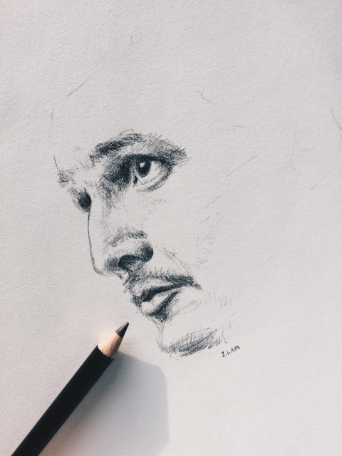 2020 pencil on paper sketch by Chicago artist Jenny Lam of Pedro Pascal