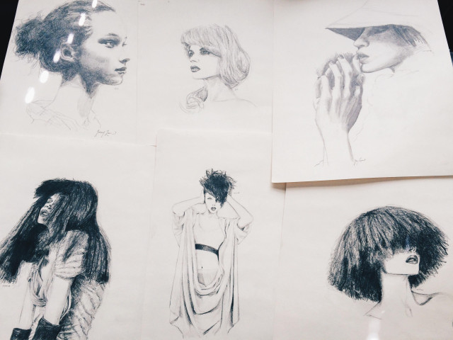 2008 pencil on paper sketches by Chicago artist Jenny Lam of fashion models