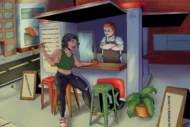 A digital illustration of a tall woman sitting at a ramen food truck, laughing and having a good time with the owner. 