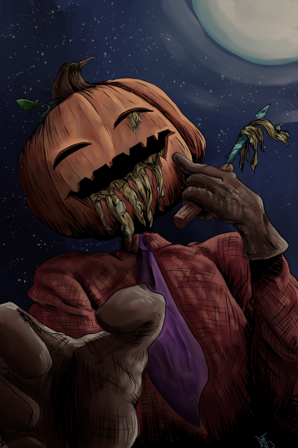 A digital illustration of a pumpkin headed person reaching towards the viewer with pumpkin "guts" pouring out of his mouth and eye. He also has a knife in one hand. 