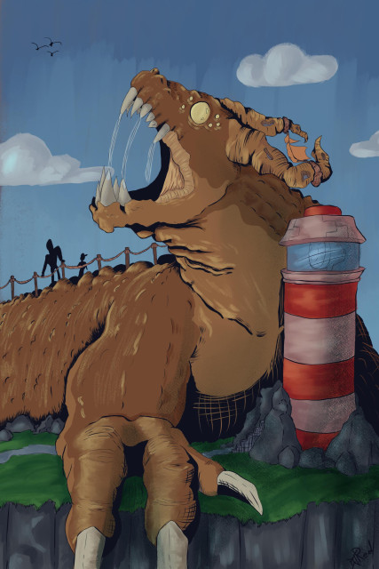 A digital illustration of a large earth drake being used as a bridge to protect a lighthouse. It yells at the birds flying by. 