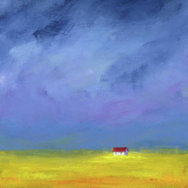 Sweet home is a landscape painting in acrylic painted by the artist Karen Kaspar. The abstracted dream landscape in expressive colours shows a small white house in the middle of a yellow field, perhaps a rape field in spring or a sunflower field in summer or ripe grain in autumn. Above the field stretches a wide sky with dark blue storm clouds. Rays of sunlight illuminate the field and the house. The picture was painted with loose expressive brushstrokes. The colour contrast between the field in bright yellow and orange tones and the sky in dark blue and violet tones emphasises the painting's bright expressive effect. 