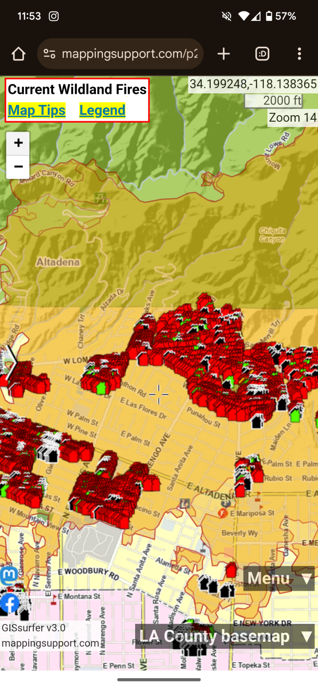 Map of burned homes (Red) and damaged homes from the Eaton fire in Altadena. Large portions of the map are filled with red burned homes while large portions remain blank and unsurveyed.