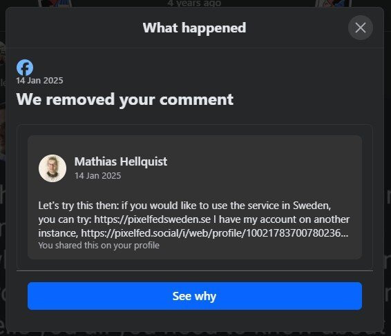 A screenshot of me having Facebook remove a comment which had links in it to Pixelfed.