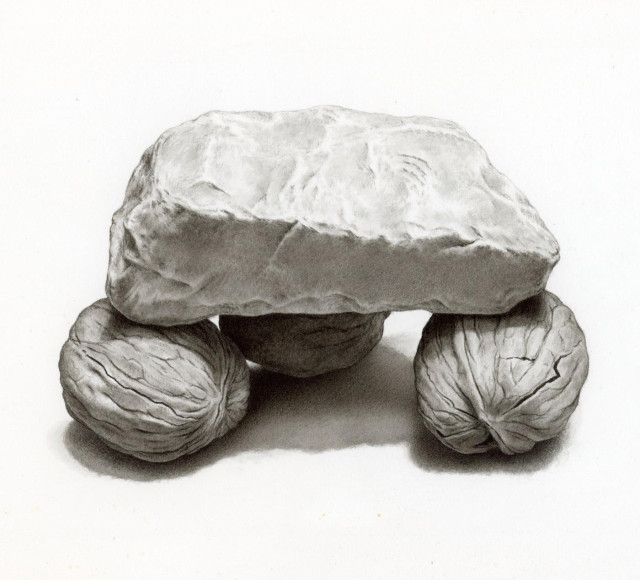 [FR - English below] Une grosse pierre assez plate est posée sur trois noix, dont une est fissurée. L'ensemble ressemble à un dolmen. Dessin à l'encre de Chine au lavis.

[EN] A large, fairly flat stone is placed on three walnuts, one of which is cracked. The whole setup resembles a dolmen. Drawing in Indian ink wash.