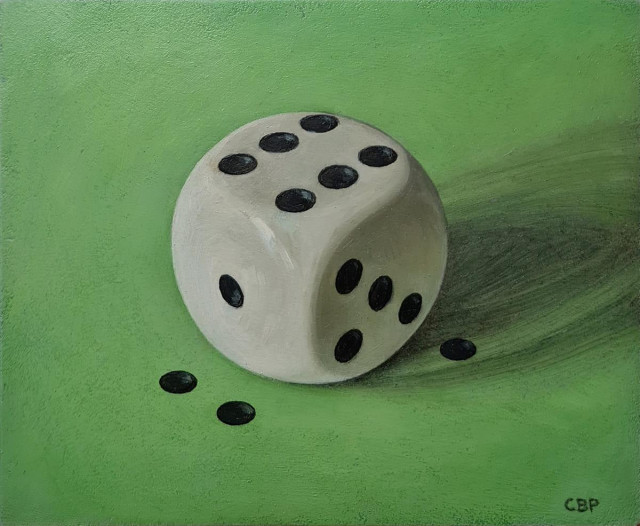 [FR - English below] Sur un fond vert, un dé qui a perdu plusieurs de ses petits points, tombés au sol autour de lui. Peinture (huile).

[EN] On a green background, a die, having lost several of its small dots, which have fallen to the ground around it. Painting (oil).