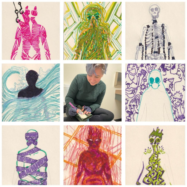 9 images collaged in 3x3. they are all straight-on views of a figure on manilla paper, with a printed silhouette of a human. They've been brightly adorned with ink to show a variety of physical and emotional ailments that the patient experiences. 

in the center a person with short light periwinkle hair smiles as they draw, sitting on an exam room table.

From top left zigzagging to bottom right like reading, the images show muscles of a person from behind with hooks in their neck and shoulder. a vibrant yellow green and orange figure made up of bubbling mucuous and nausea. a skeleton with chains attatched to their joints. a black silhouette in a tossing ocean. a sheet ghost figure waring a mask surrounded by cartoons of grinning socializing humans with viruses. a figure wrapped in thick restraining bandages. a figure that looks like they're coated in skin burns in red orange and magenta radiating heat. lime green and purple squiggles in the torso and dilated eyes.