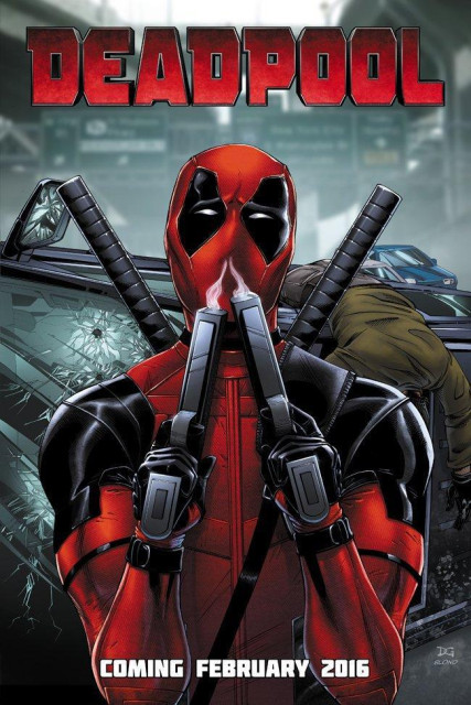 Official Deadpool movie poster art designed and illustrated by Diana Greenhalgh (with colours by Blond). Created for Twentieth Century Fox for the first Deadpool movie, it features a comic book style illustration of Deadpool sniffing the smoke from his gun barrels. In the background is a crashed black SUV on its side, with bullet holes, broken glass, and a body hanging over the doorframe. The far background is an easter egg: an out-of-focus shot of the highway overpass from the original leaked footage that helped get the movie greenlit.